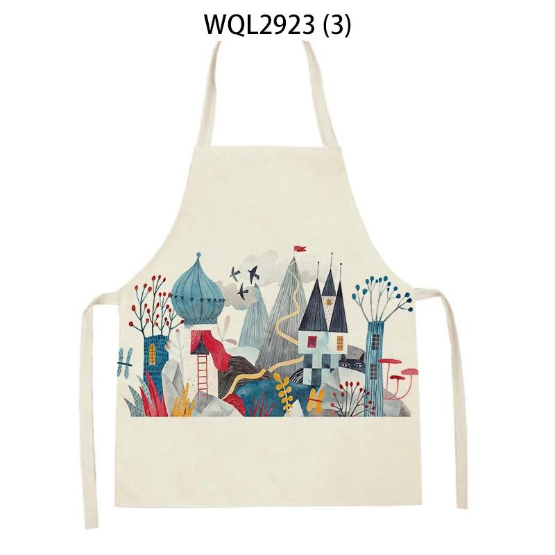 Cleaning Supplies Kitchen Aprons Cartoon House Architecture Printed Sleeveless Linen Cooking Baking Aprons Home Cleaning Tool