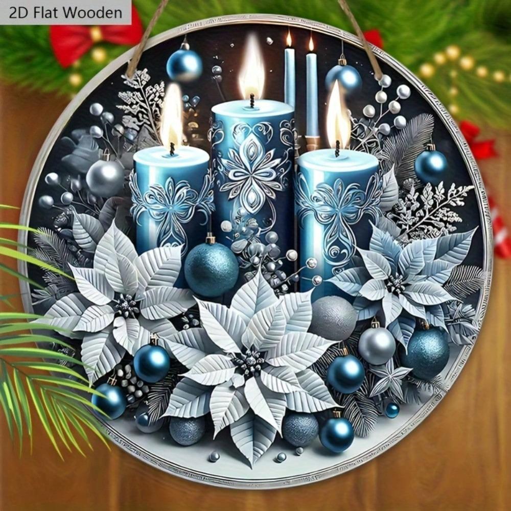 Flat Blue Wooden Christmas Plaque for Wall Front Door Home Decor