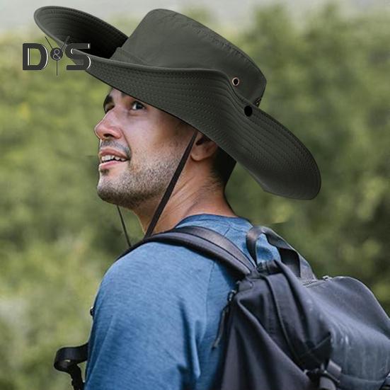 Men Fisherman Hat Flat Top Wide Brim Breathable Sun Hat Adjustable Windproof Drawstring Sun Protection Hat