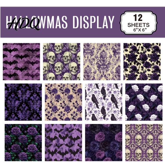 No Burrs Cutting Paper 12 Sheets Purple Gothic Halloween Scrapbook Paper, Double Sided Decorative Craft Pumpkin Ghost Bat for Card Making, Origami,