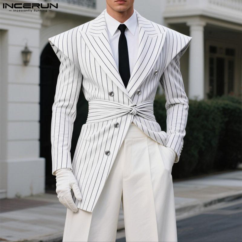 INCERUN Spring Autumn Men Long Sleeve Striped Twisted Waist Thin Blazer Coats