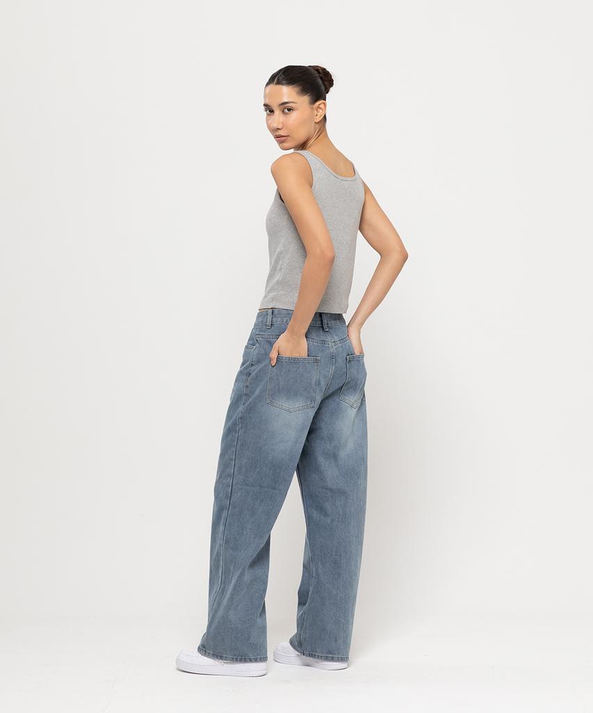 CHAMBROS Women'S Semi-Wide Washed Denim Pants [Medium Blue]