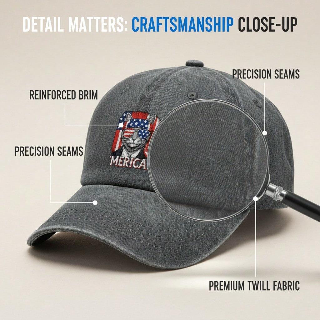[USA Themed Baseball Cap] 'merica! Cat Graphic Print Polyester Unisex Adjustable Curved Brim Vintage Washed Baseball Hat For Festivals, Summer