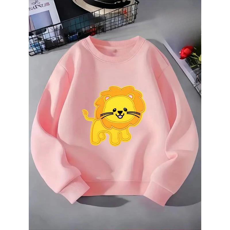 Kids Crewneck Sweatshirt, Cute Lion Patch Style Graphic Print,Spring Autumn Casual Sport Tops