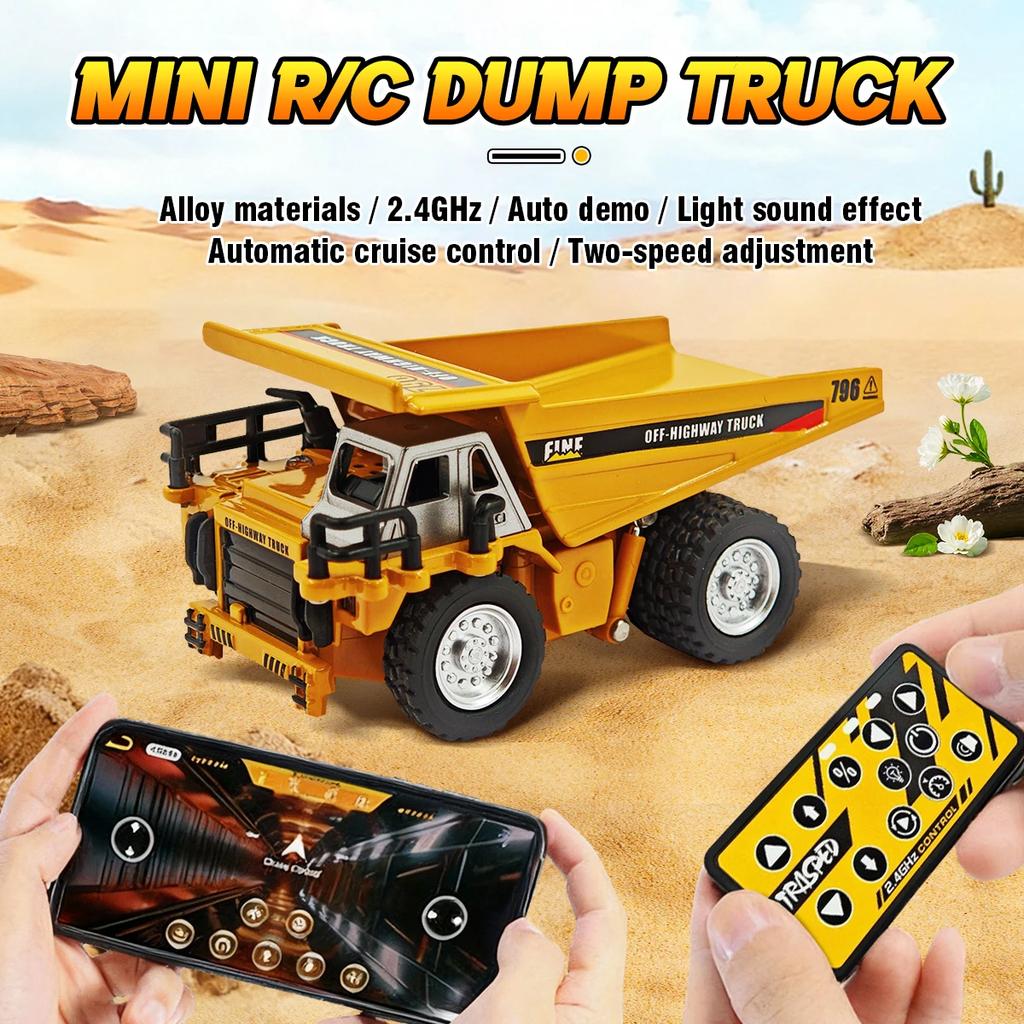 1/64 Mini Alloy Desktop Toy Rc Car Dump Truck Remote Controlled Trucks Model Engineering Vehicle Tabletop Collection Gift Boys