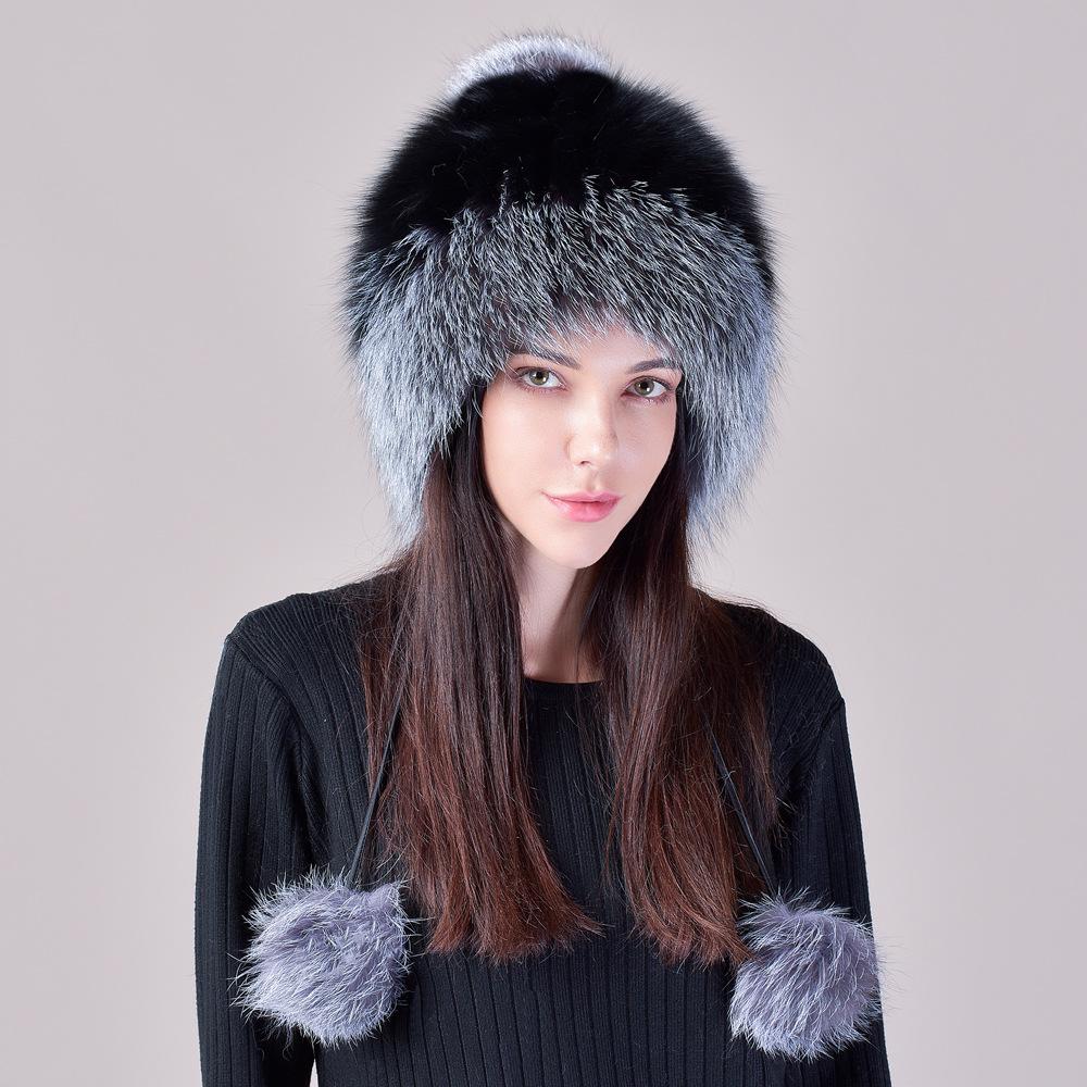 Winter hat, female fox fur, leather straw hat, knitted thickened wool hat, sweet and cute, ear protectors to keep warm