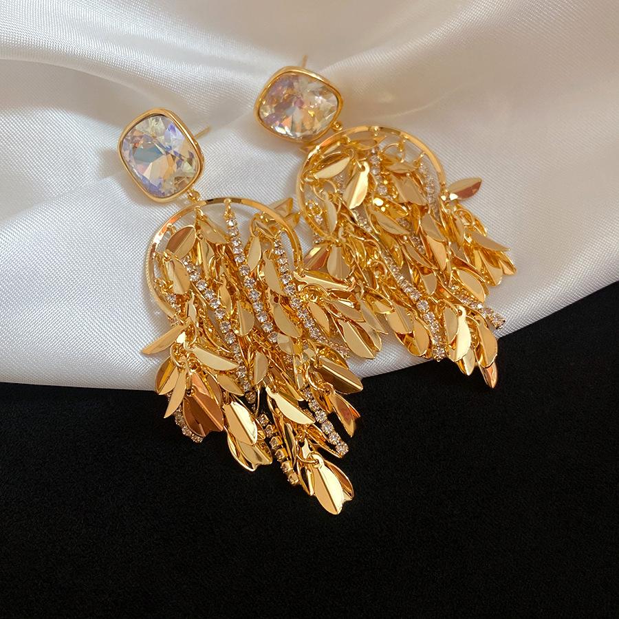 K real gold electroplated silver needle zircon wheat ear fringed earrings light luxury high-end stud earrings European and American retro earrings