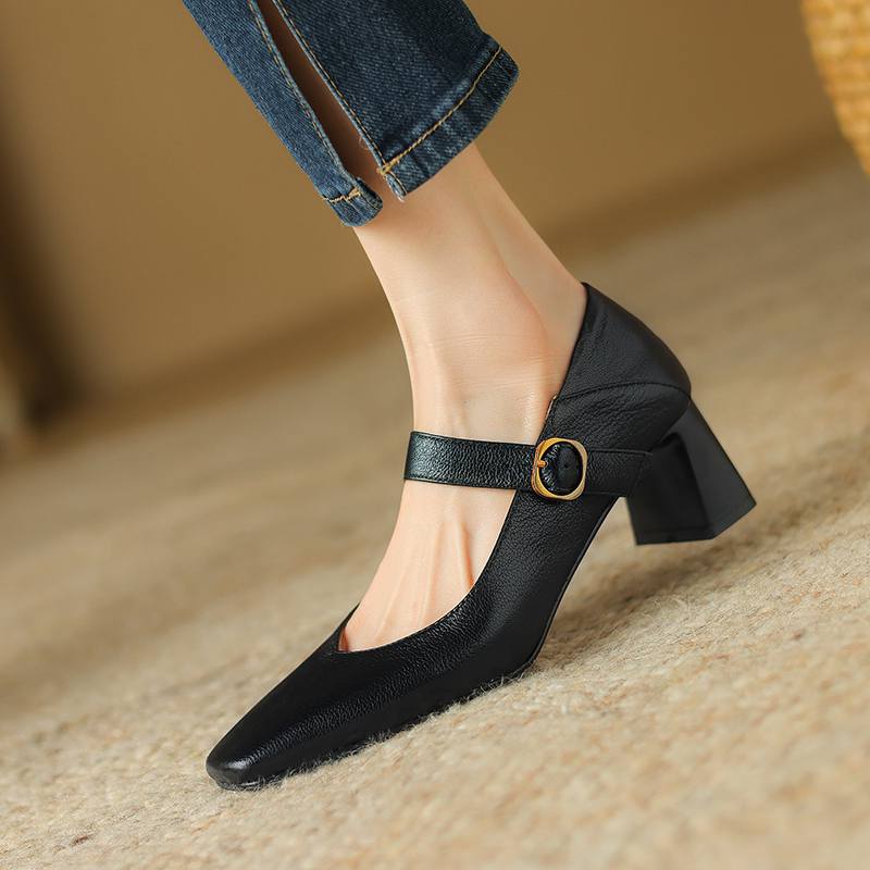 Krazing Pot Sheep Skin Square Toe Chunky High Heels Spring Summer Mary Janes Shoes Vintage Plus Size 42 Women Pumps