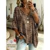 Plus size women's simple patchwork leopard pattern print V-neck top three-quarter sleeves loose plus size casual daily T-shirt