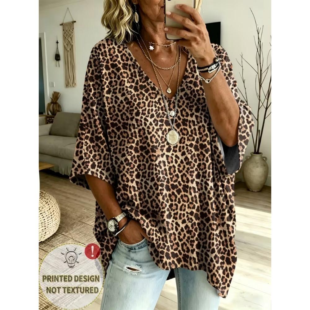 Plus size women's simple patchwork leopard pattern print V-neck top three-quarter sleeves loose plus size casual daily T-shirt