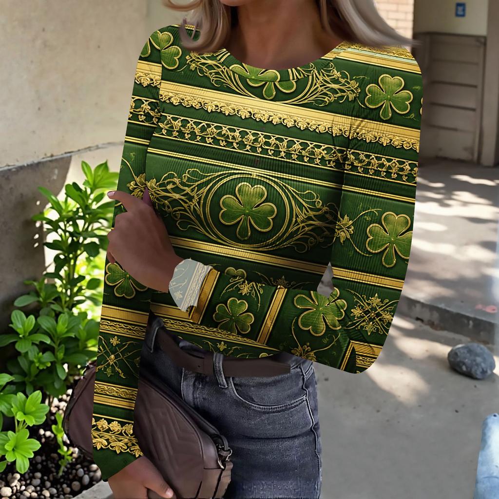 Women's And Winter Slim T-shirt Fashion Casual Printing Round Neck Pullover Long Sleeve Top