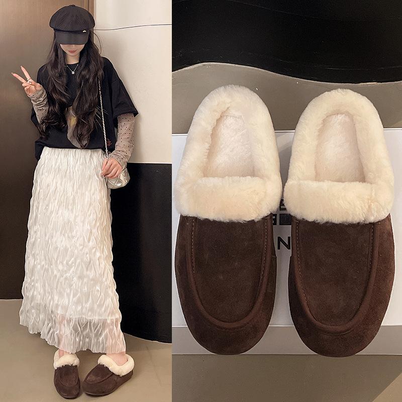 Women's Retro Lightweight and Comfortable Non-slip Heightening Winter Warm Plush Lining Non-slip Durable Casual Cotton One-step Plush Slippers
