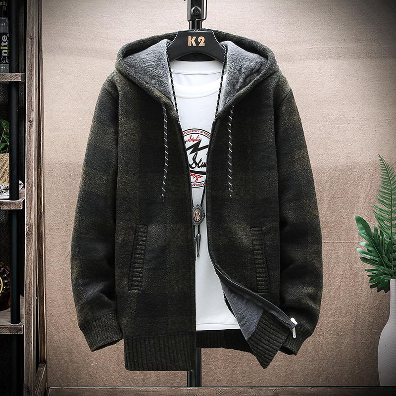 Men's Winter Plaid Sweater Hooded Cardigan Coat Fleece Warm Knit Jackets