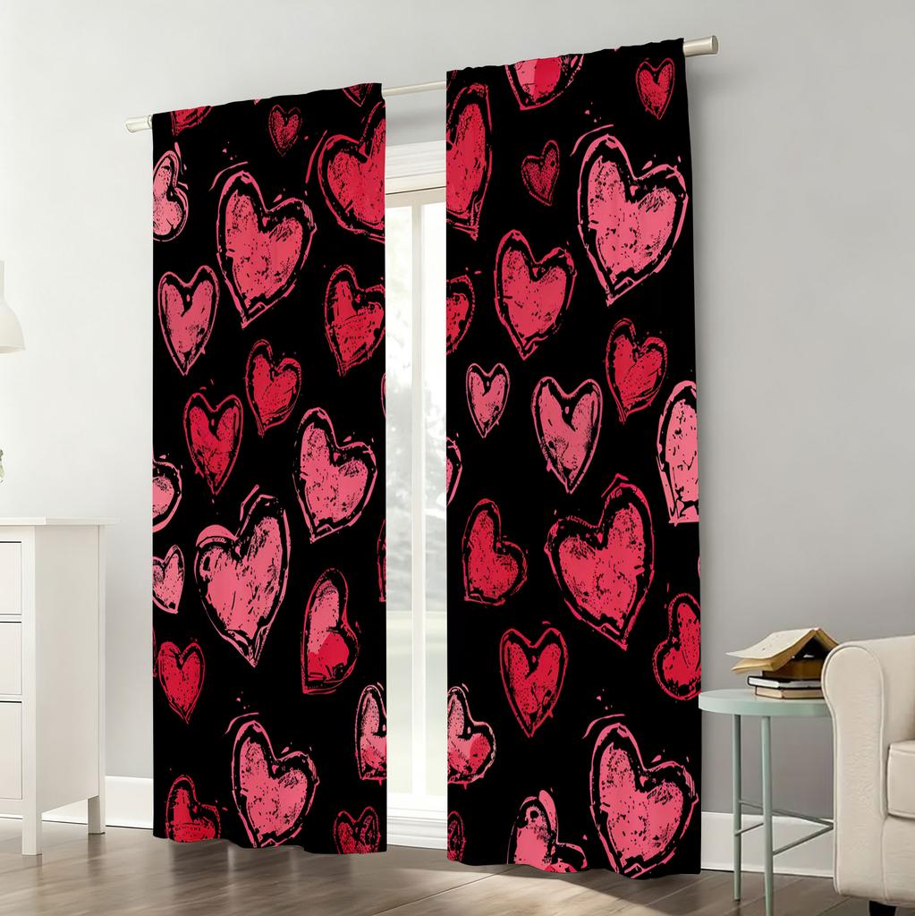 2 Stück Grunge Rotes Herzmuster Vorhänge   Perfekt für den Valentinstag/Ausgefallene Fensterdekoration Vorhangstangen-Tasche Vorhänge