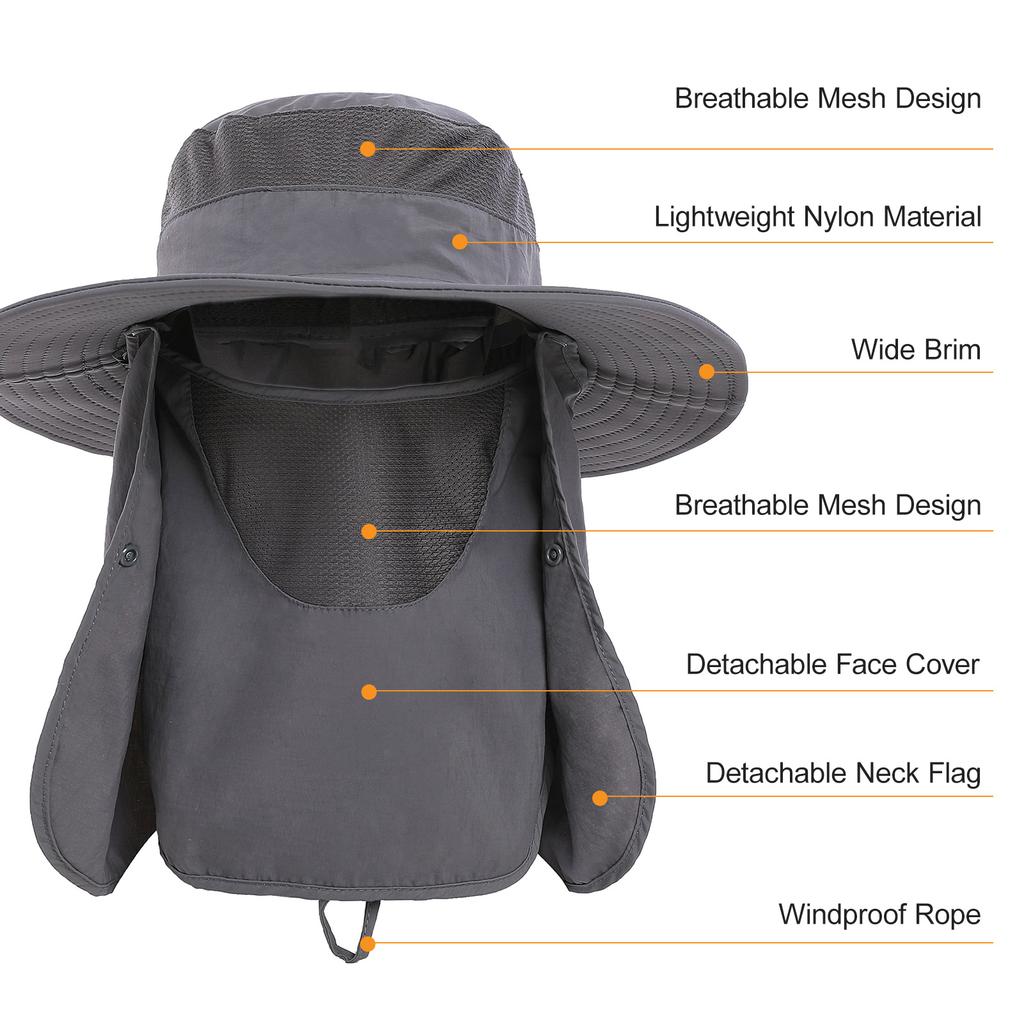 Fishing Hat Breathable Wide Brim Sun Protective Portable Outdoor Sun Hat with Detachable Neck Flap for Beach Outdoor