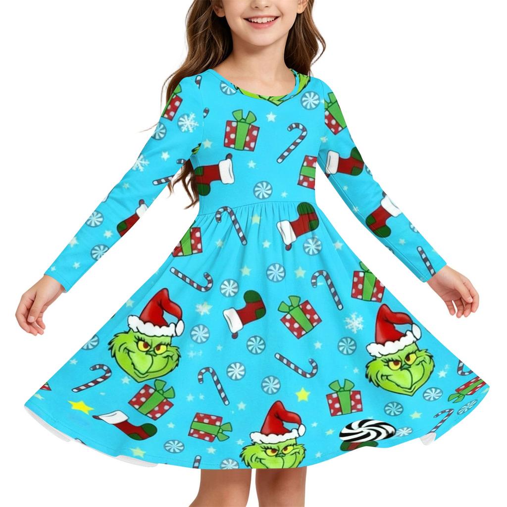 Weihnachtsdruck Langarmkleid für Mädchen mit Ärmeln für die Feiertagsparty und den Alltag