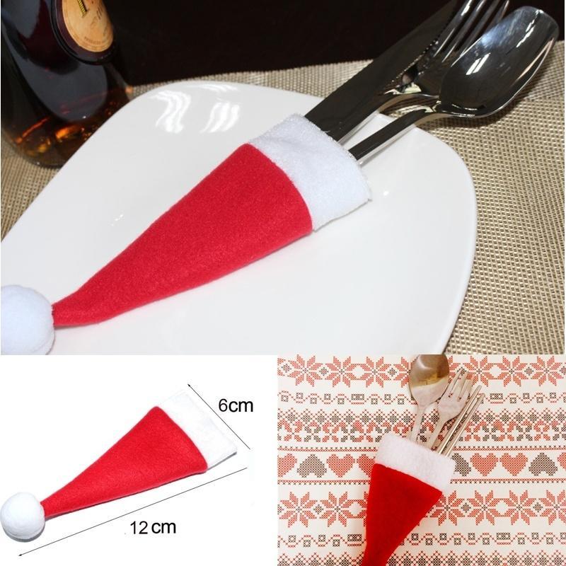 10 PCS Set Christmas Hat Silverware Holder Xmas Mini Red Santa Claus Cutlery Bag Party Decor Gift