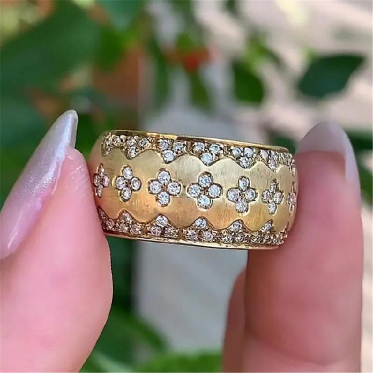 Lightweight Copper Clovers Ring With Crystal Zircon Embellished Gold Color Ring Jewelry For Daily Wear Or Formal Event