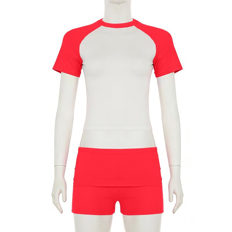 

New Euro-America Raglan Color-block Sports Suit: Casual Short Sleeve Top, Solid Shorts & Headband Medium