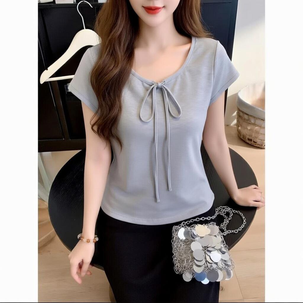 New Korean Version Summer Front Shoulder Short-sleeved T-shirt Student Waist Design Chic Short Top Women's Bottoming Shirt
