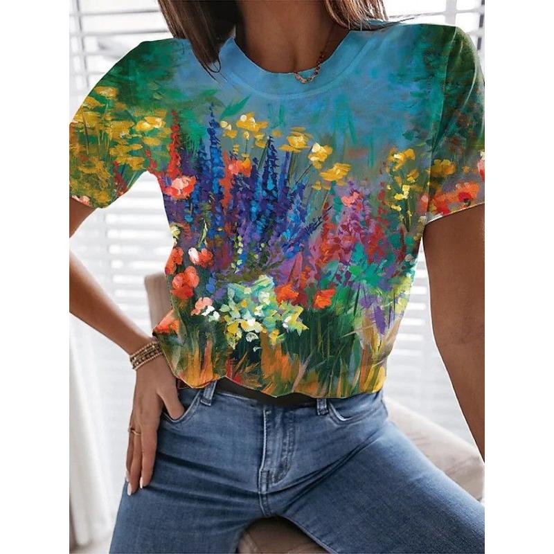 Summer Round Neck 3D Flowers Butterflies Dragonflies Pattern Print Top Fashionable Casual Short Sleeved Women's T-shirts