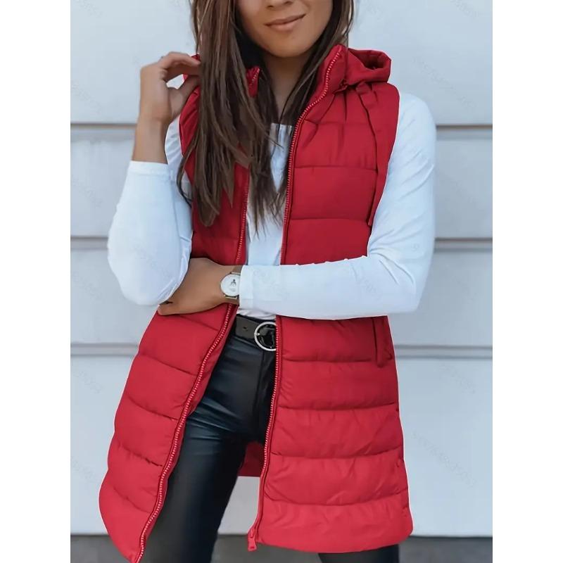 New women's coat solid color medium and long vest hooded slim sleeveless coat women