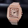Apzzic Diamond Ice Out Watch CZ Gold Plated 40mm Rose Gold Roman Numerals Dial Quartz Unisex Wristwatch Fashion