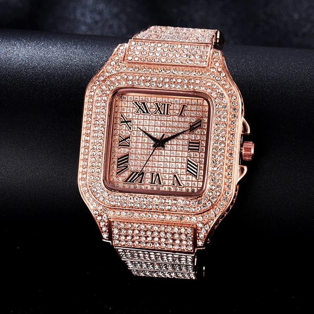 Apzzic Diamond Ice Out Watch CZ Gold Plated 40mm Rose Gold Roman Numerals Dial Quartz Unisex Wristwatch Fashion