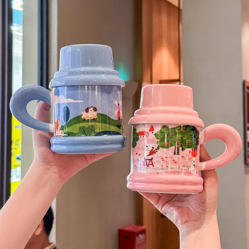 Cute Fairy Tale Puppy Water Cup Couple High Value Ceramic Mug with Lid Spoon Birthday Graduation Gift for Boys and Girls