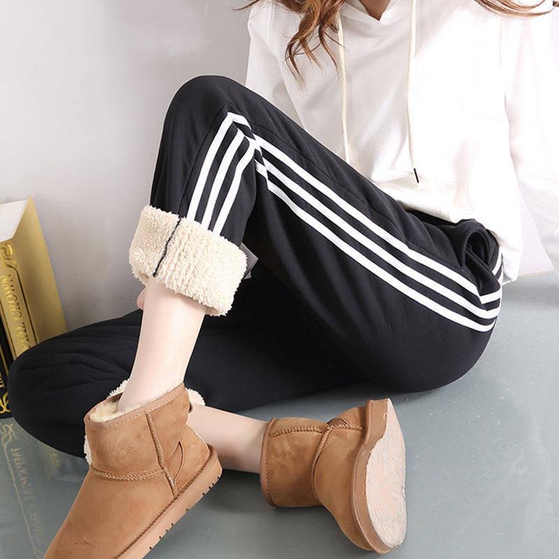Lamb Wool Autumn and Winter Fleece Thickened Sweatpants Women's Harlan Pants Loose Large Size Thermal Casual Pants Belt