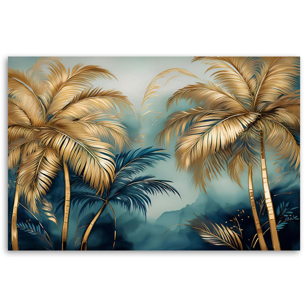 Canvas Print, Blue and Gold Palms On Grey Background