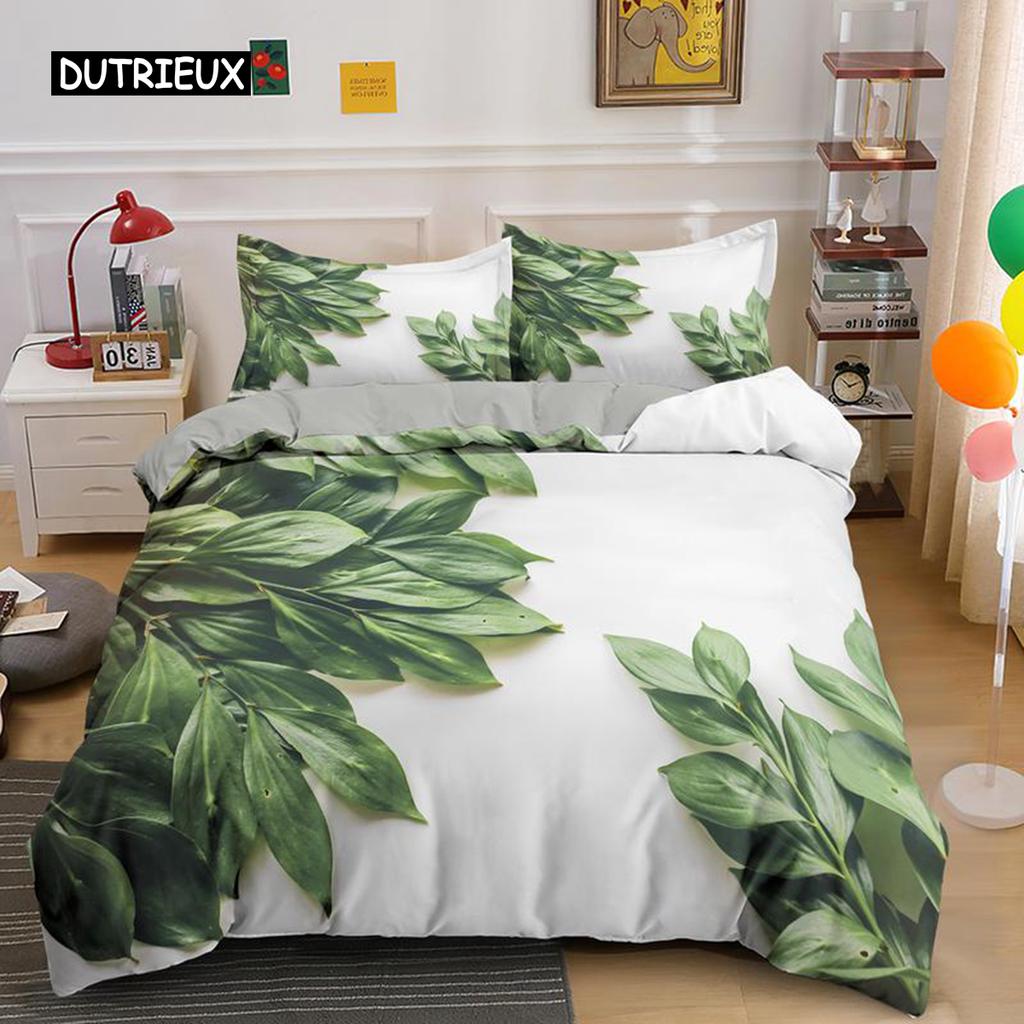 Tropiska Botaniska Blad Kung Drottning Påslakan Grön Palmblad Polyester Sängkläder Set för Barn Tonåringar Vuxna med Örngott