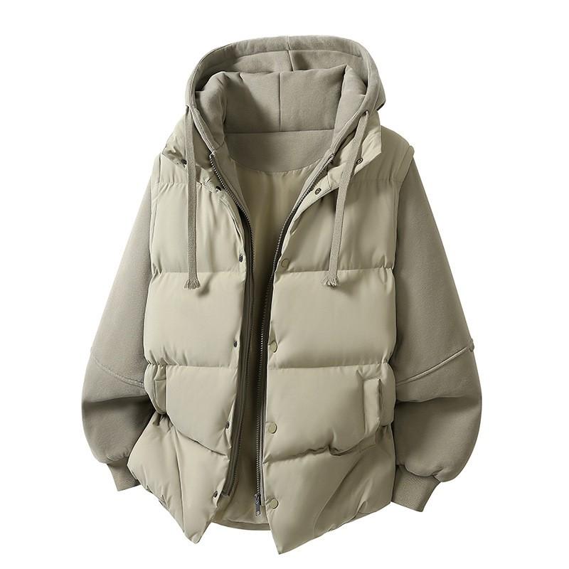 Mens Winter Puffer Jacket Faux Two-Piece Thick Hooded Loose Cotton Coat Teens