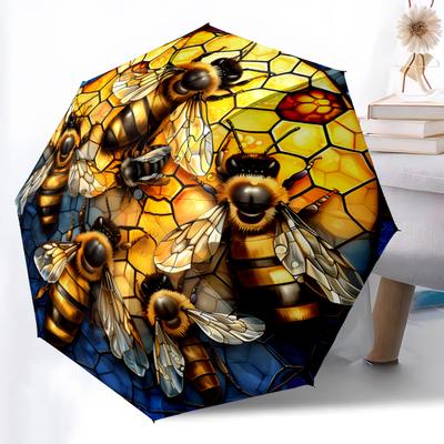 1pc Sturdy 8-Bone Auto Umbrella, Bee and Honeycomb Umbrella, Digital Printed, Foldable Umbrella for On-the-Go Outdoor Use