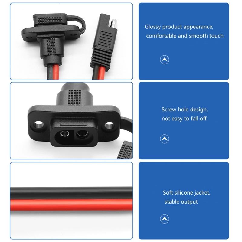 Battery SAE Power Lead with Panel Mount Body, Tethered Dust Cover, Copper Conductors, and Red and Black Wires for Fixed Access, 4 Pack