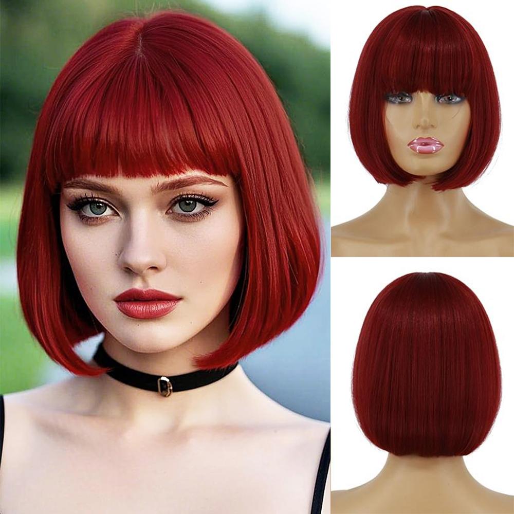 

LISI HAIR Synthetic Short Straight Bob Wig Extension With Bangs Natural Looking Heat Resistant Fiber For Elegant Women Daily Wear 25cm