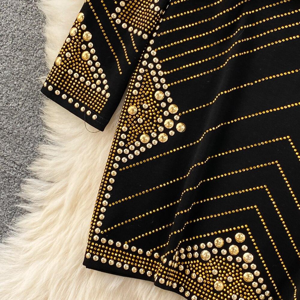 Autumn and Winter European and American Light Luxury Temperament Round Neck and Diamonds Waist and Hip Bottoming Dress