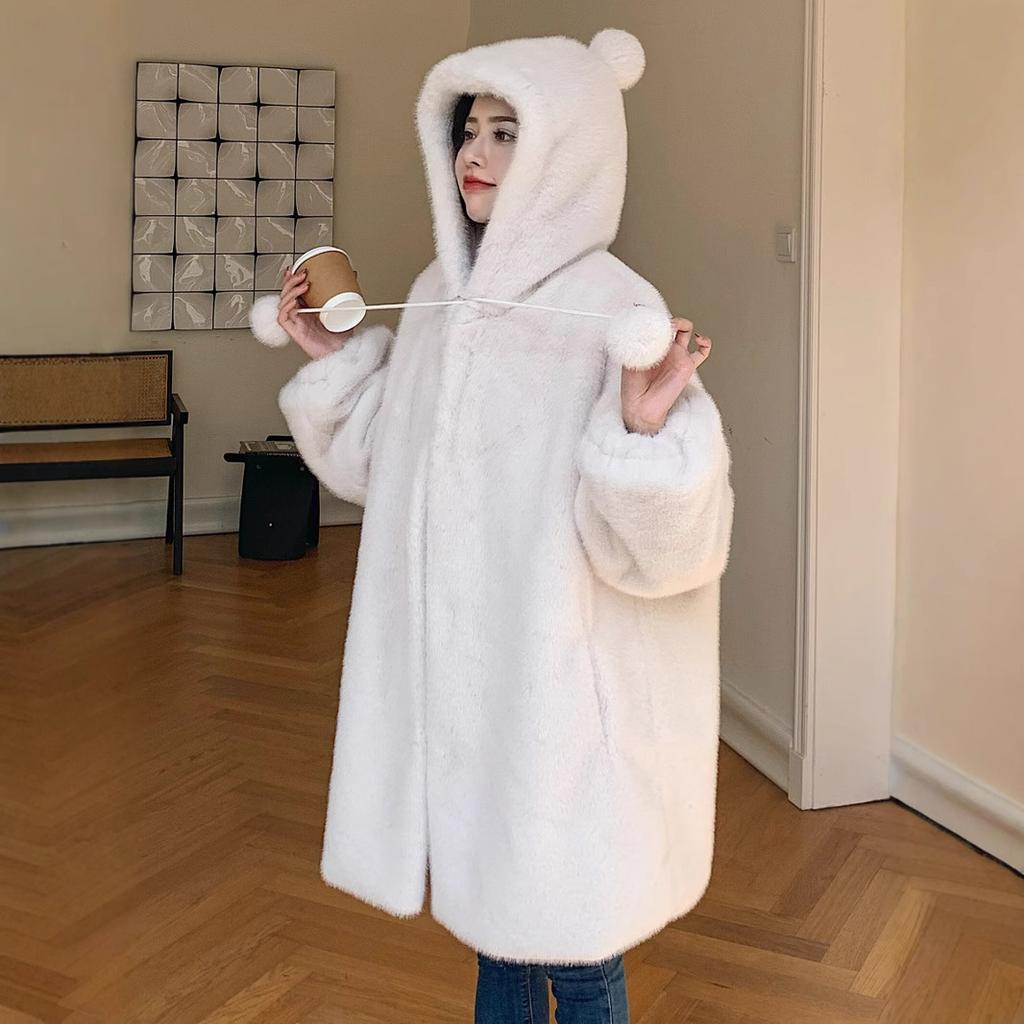 Winter Imitation Fur Coat Women's Long Hooded Coat New Fur Ball Decorative Mink Hair Warm Clothes