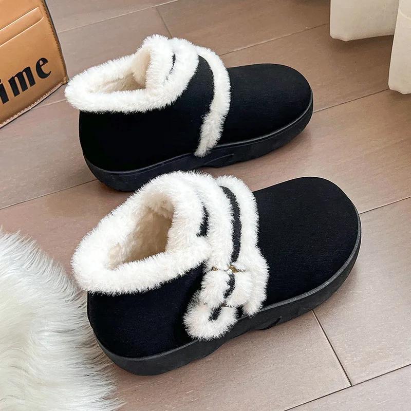 Fashion Platform Boots Women 2024 Winter New Warm Cotton Shoes Women Plus Fleece Non-slip Flat Women's Ankle Boots