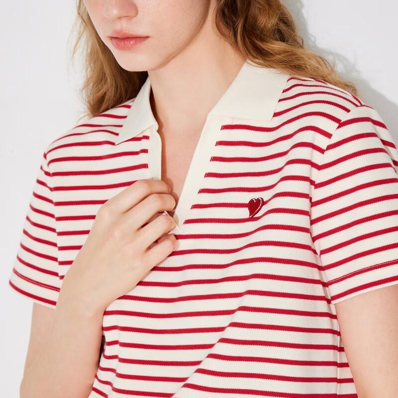 ONLY Women's Heart Embroidered Striped Lapel T-shirt
