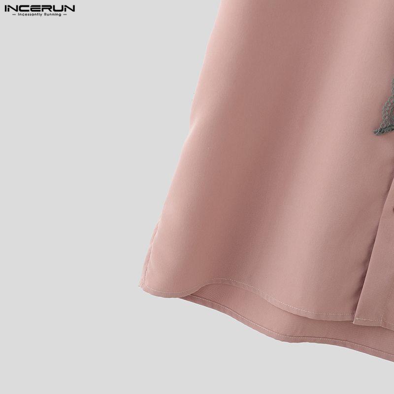 INCERUN Summer Men Lace Tie Up Short Sleeve Casual Oversized Shirts