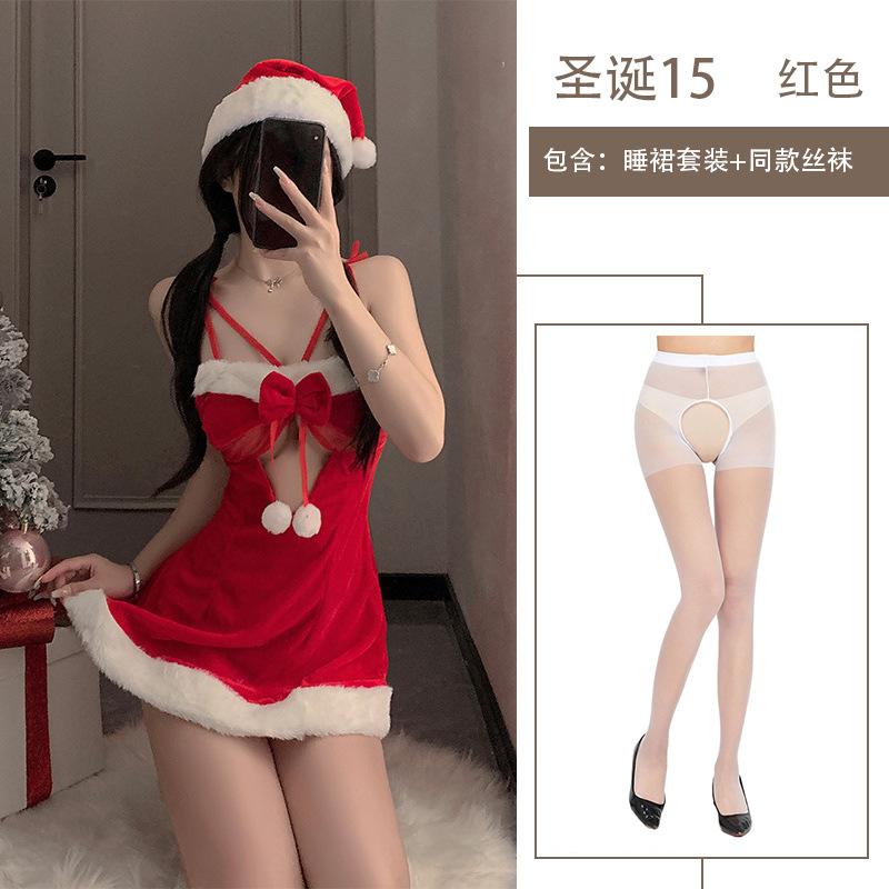 Sexy lingerie cute plush Christmas suit hollowed-out suspenders sexy breast uniform temptation