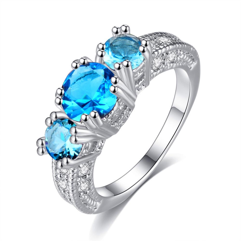 Aqua Blue Crystal Round Stone Engagement Rings For Women Classic Silver Color Wedding Band Jewelry Accessory Girls Birthday Gift