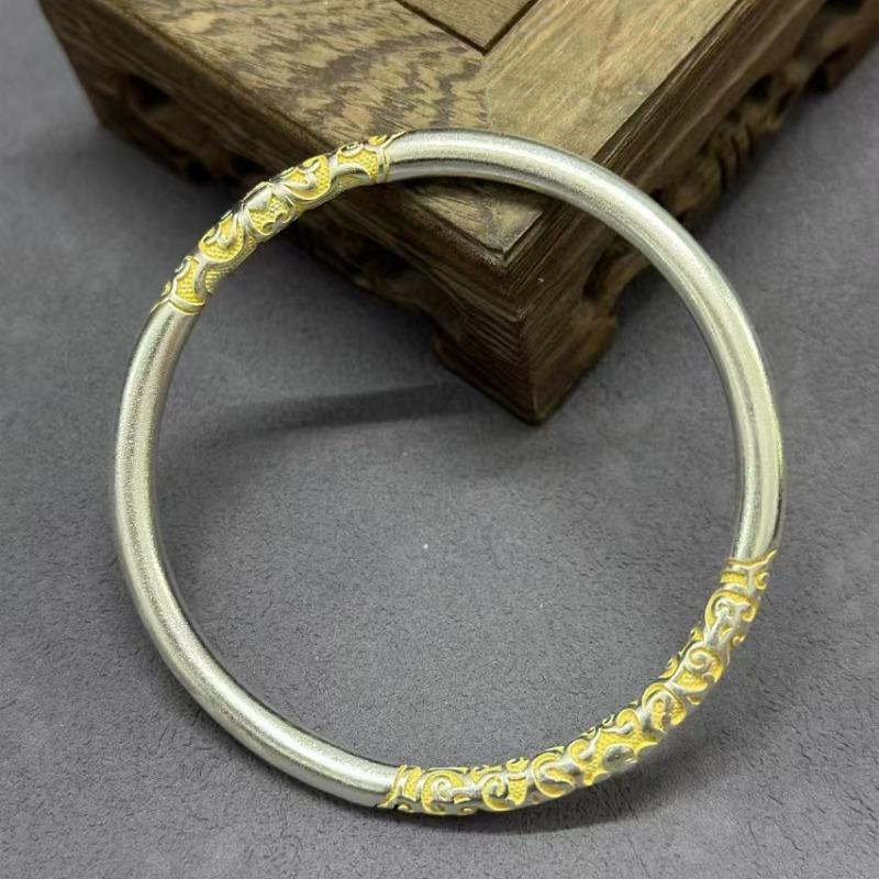 Women Fashion Minimalist Chinese Style Scroll Grass Pattern Solid Closed Copper Bangle Bracelet