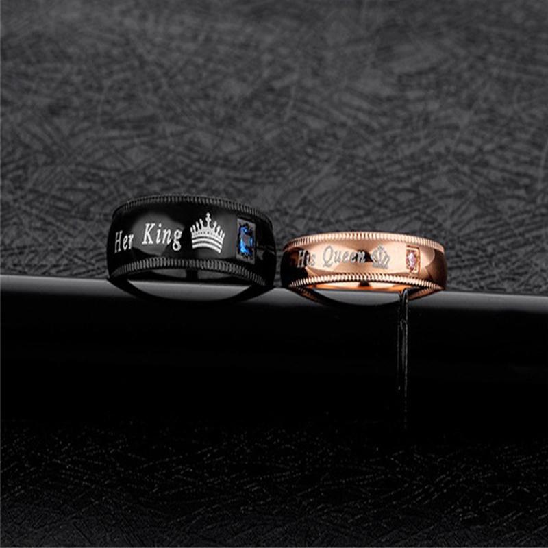 His Queen Her King Rhinestones Studded Crown Stainless Steel Ring For Lovers