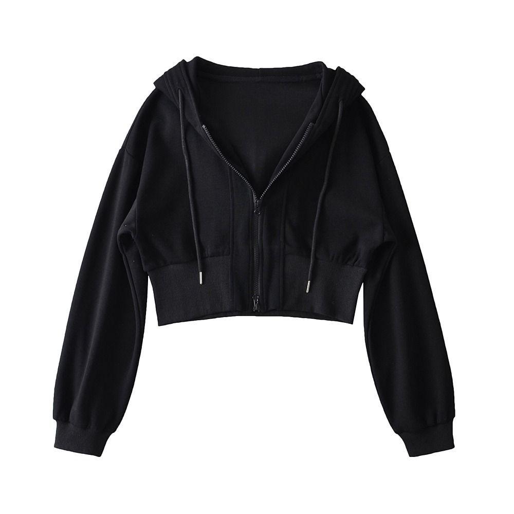 Women's Trendy European & American Double Zipper Hooded Sweatshirt - Solid Color, Loose Fit, High Waist Casual Jacket
