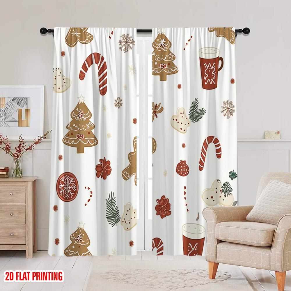 Set Of 2 Plane Printing Curtains Christmas Cookies Hot Chocolate Versatile Polyester Without Rod Sheer Made