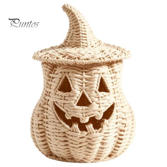Rustic Fall Aesthetic Halloween Pumpkin Lantern Tabletop Decor, Woven Witch Hat Candy Bowl & LED Decorative Storage Container Prop, Gothic Centerpiece