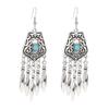 Vintage Ethnic Natural Stone Indian Earrings Jhumka Female Antique Silver Plated Geometric Carved Earrings Party Tassel Jewelry