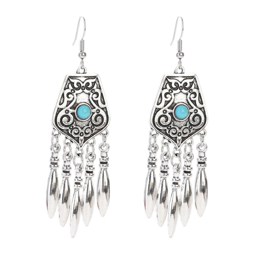 Vintage Ethnic Natural Stone Indian Earrings Jhumka Female Antique Silver Plated Geometric Carved Earrings Party Tassel Jewelry